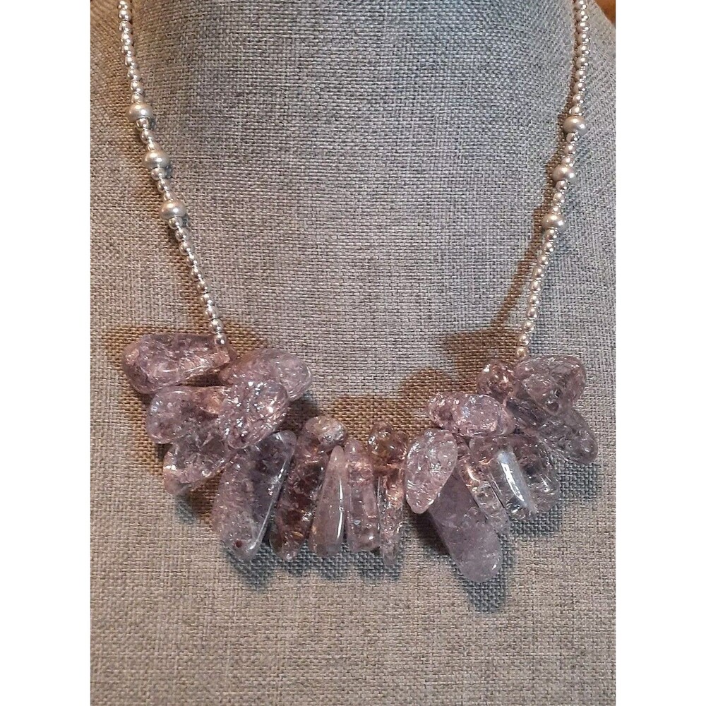 lavender quartz nugget cluster Silvertone bead bib necklace. 16"